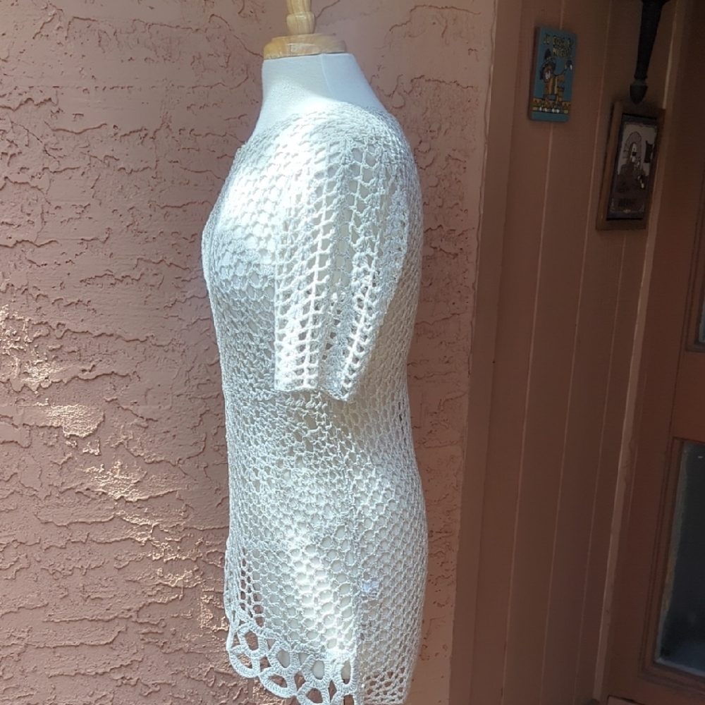 Chico's Cream Crochet Short-Sleeve Tunic Top - Picture 3 of 5